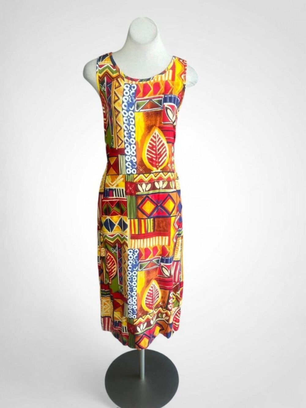 Jane Ashley Vintage Y2K Sleeveless Dress Batik Print Tie Hawaiian Coastal